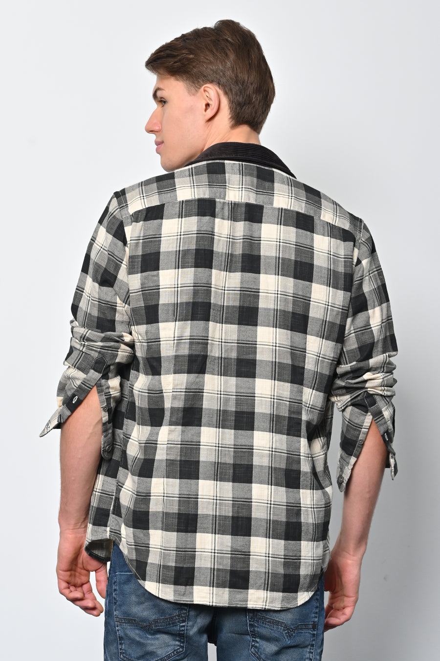 James - Cotton Check Shirt With Corduroy Collar - Black