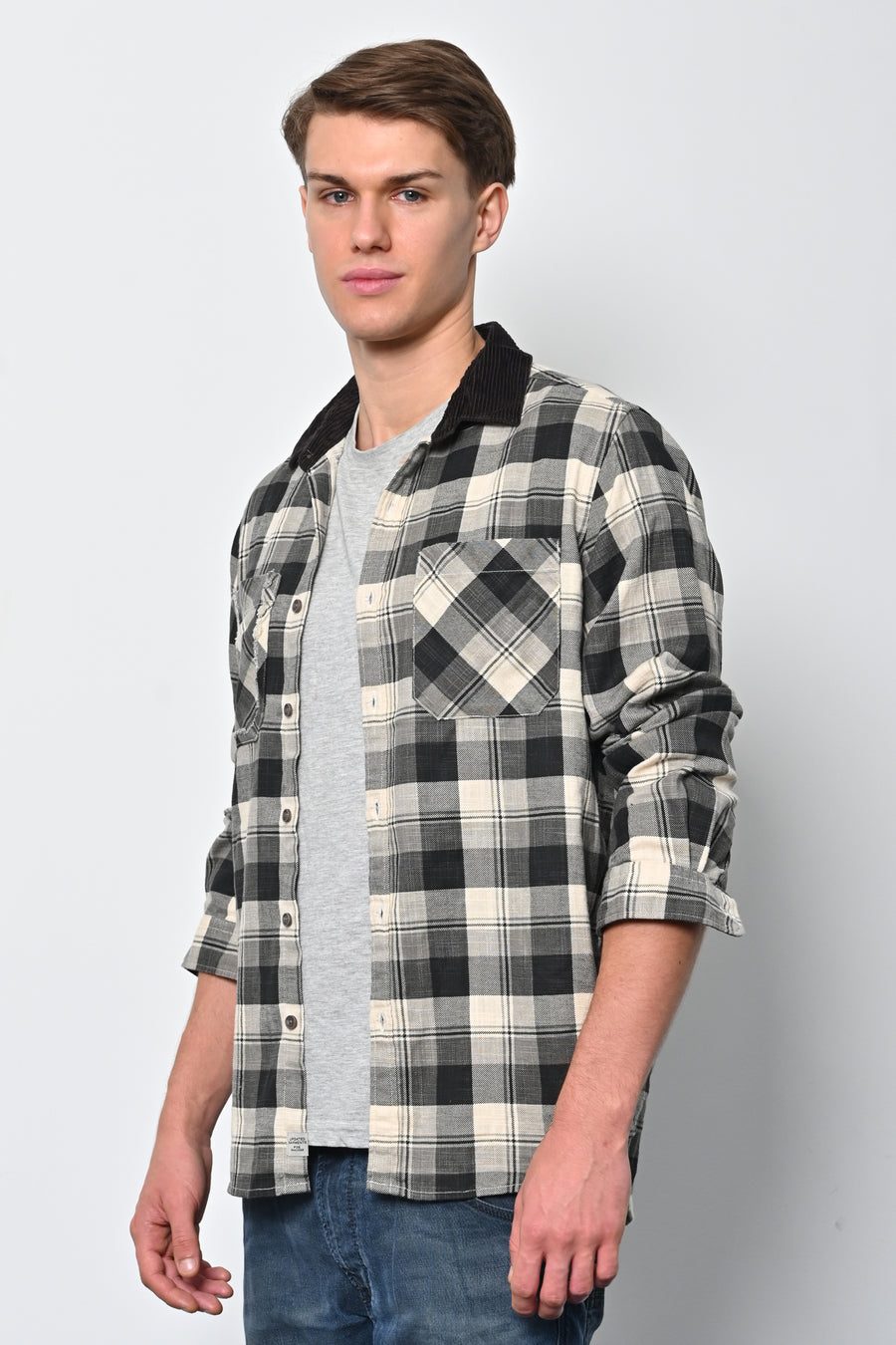 James - Cotton Check Shirt With Corduroy Collar - Black