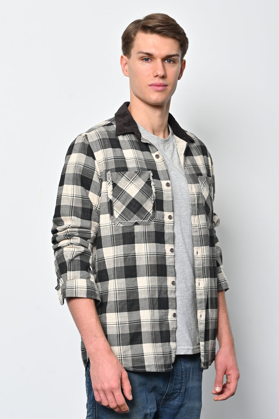 James - Cotton Check Shirt With Corduroy Collar - Black