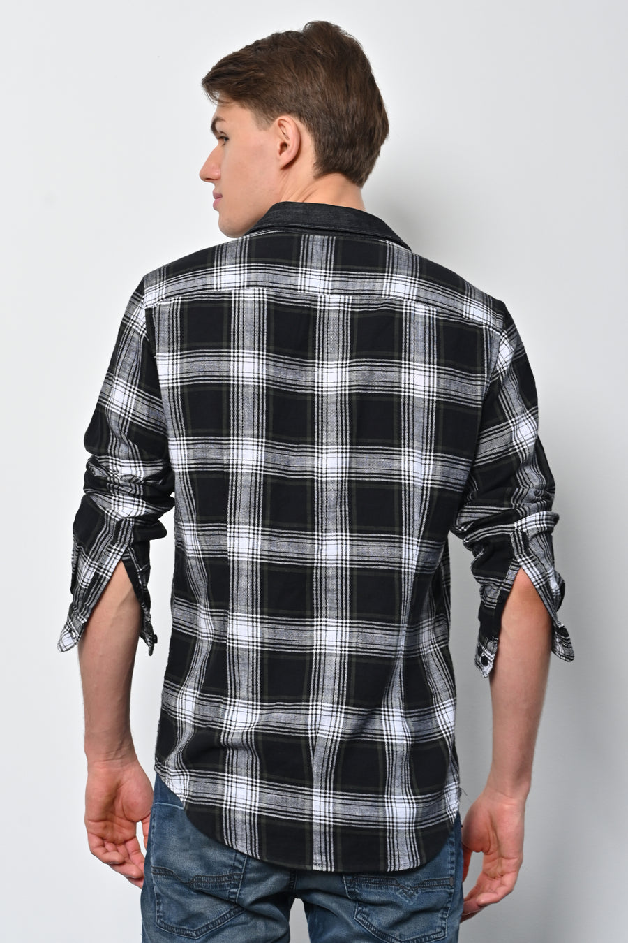 Onlive - Brushed Check Shirt With Denim Collar - Black