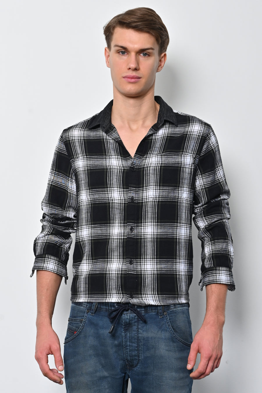 Onlive - Brushed Check Shirt With Denim Collar - Black