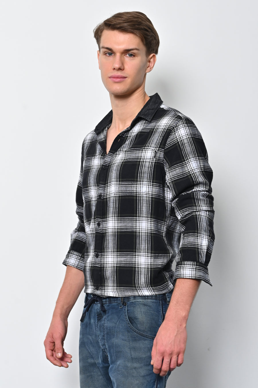 Onlive - Brushed Check Shirt With Denim Collar - Black