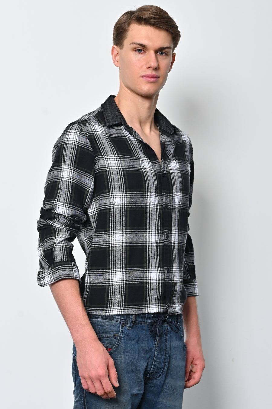 Onlive - Brushed Check Shirt With Denim Collar - Black