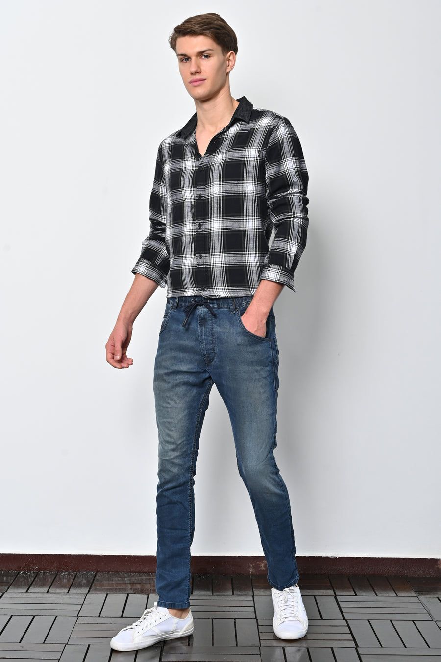 Onlive - Brushed Check Shirt With Denim Collar - Black