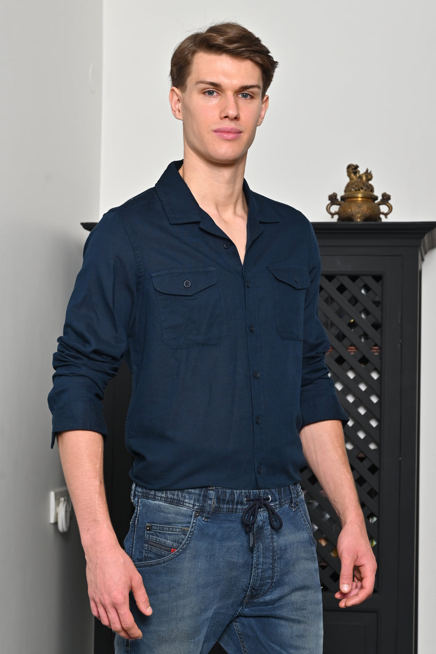 Turk - Cotton Linen Pocketed Shirt - Navy