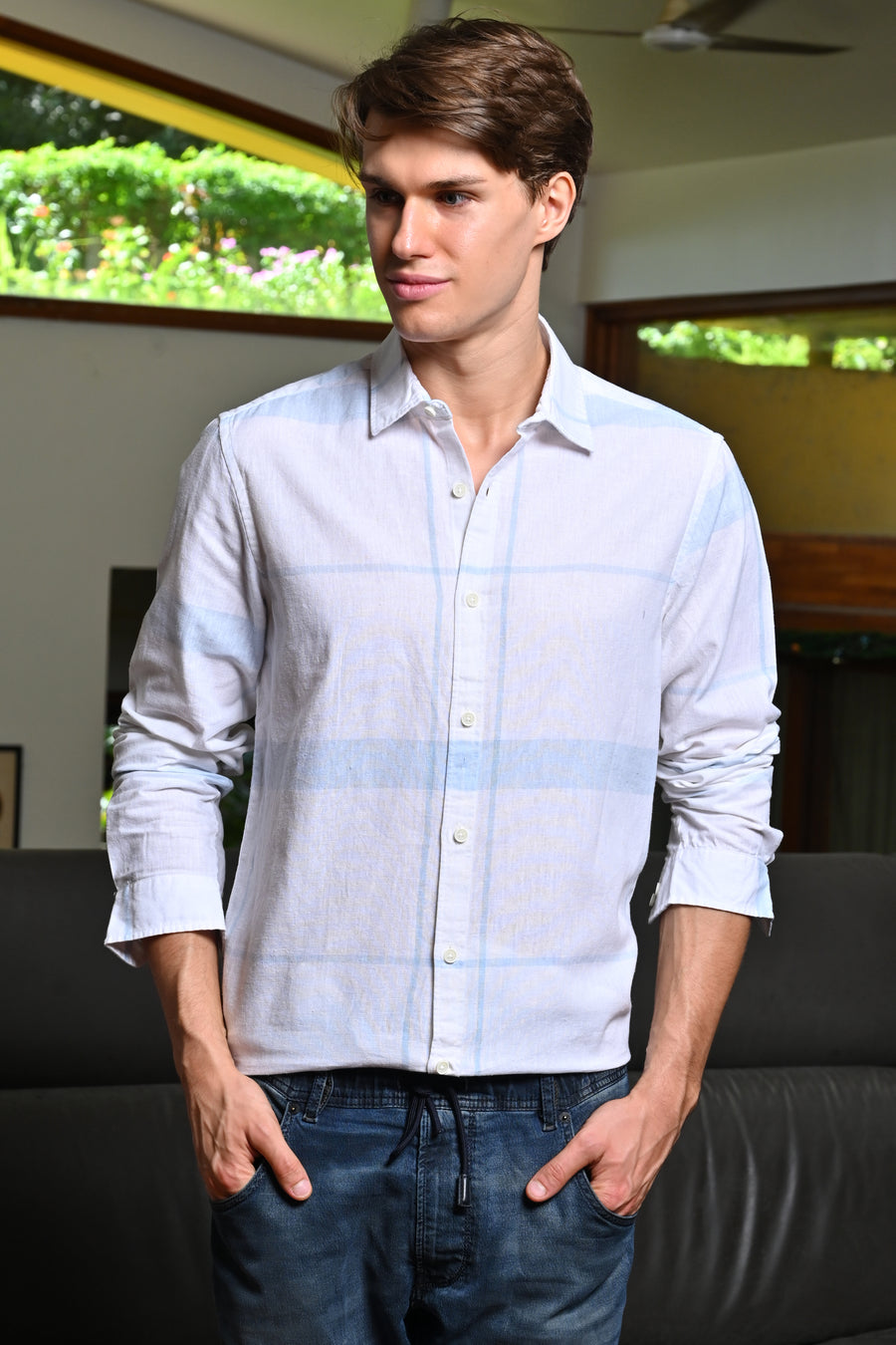 Armani - Linen Check Shirt - Sky