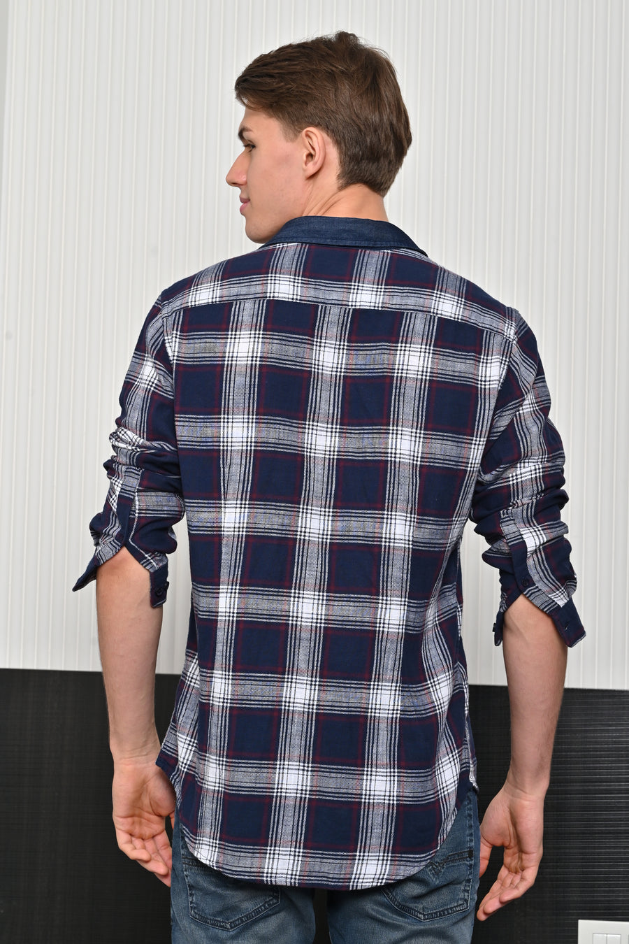 Onlive - Brushed Check Shirt With Denim Collar - Navy