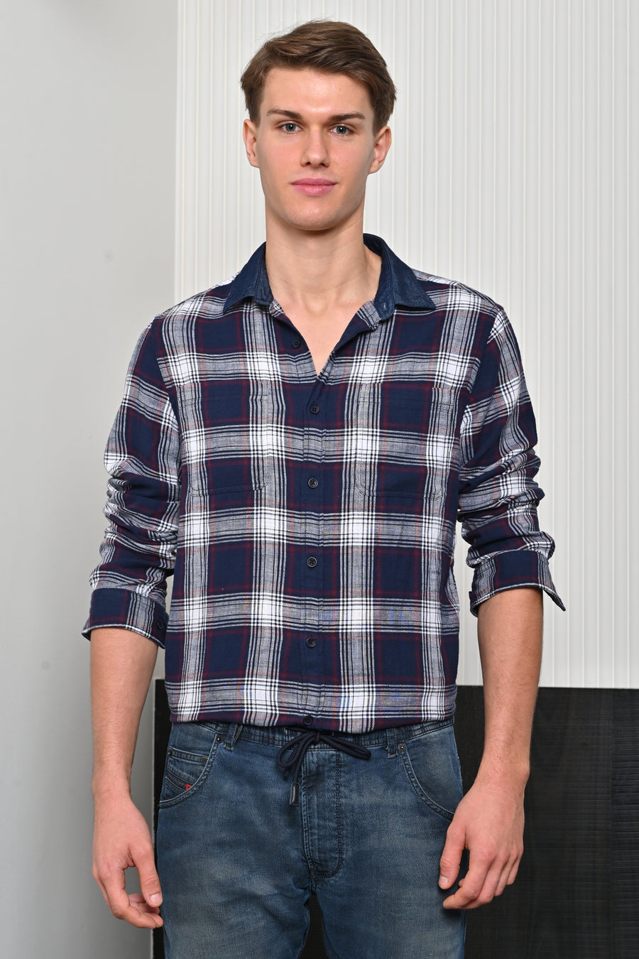 Onlive - Brushed Check Shirt With Denim Collar - Navy