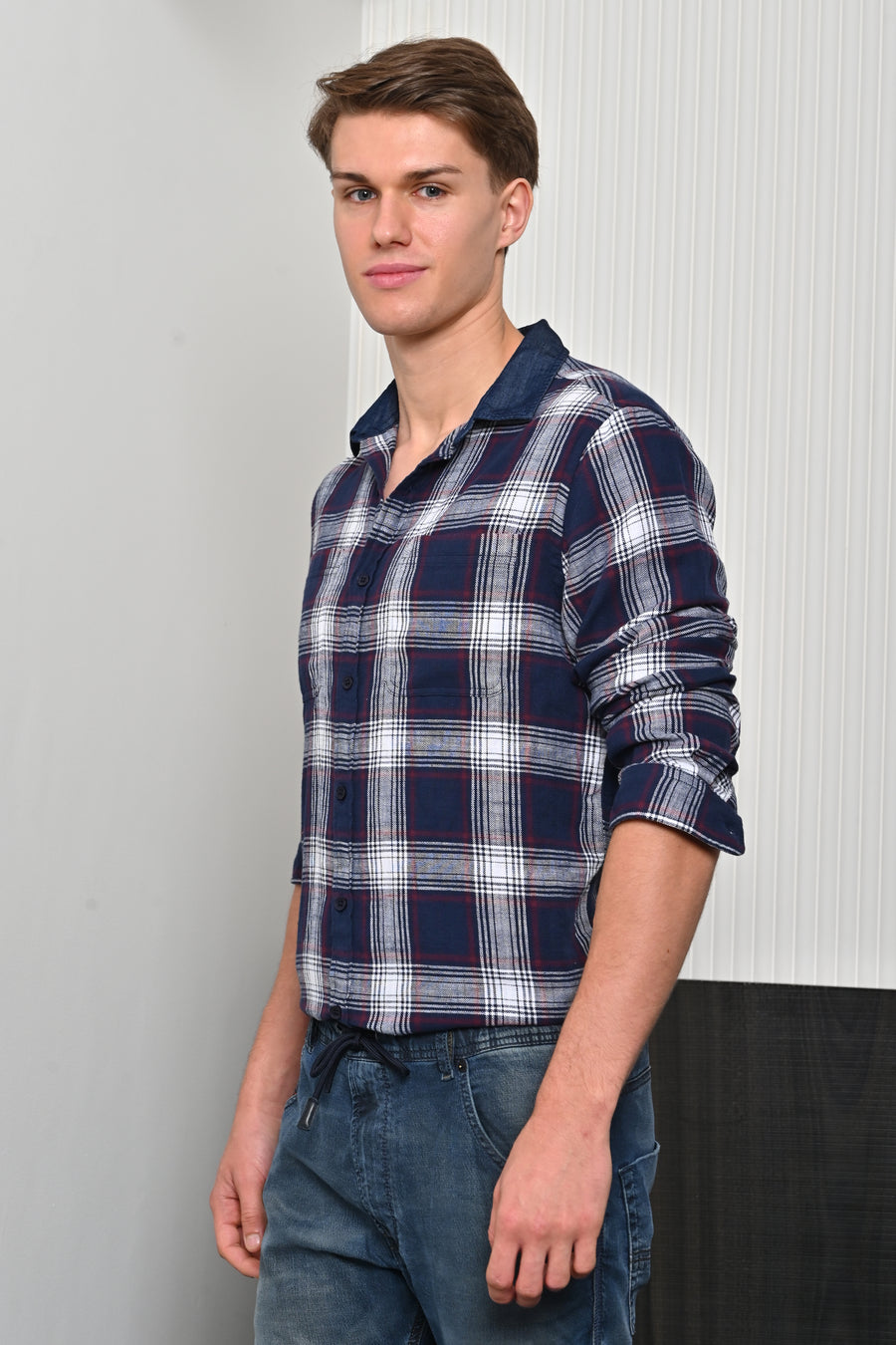 Onlive - Brushed Check Shirt With Denim Collar - Navy