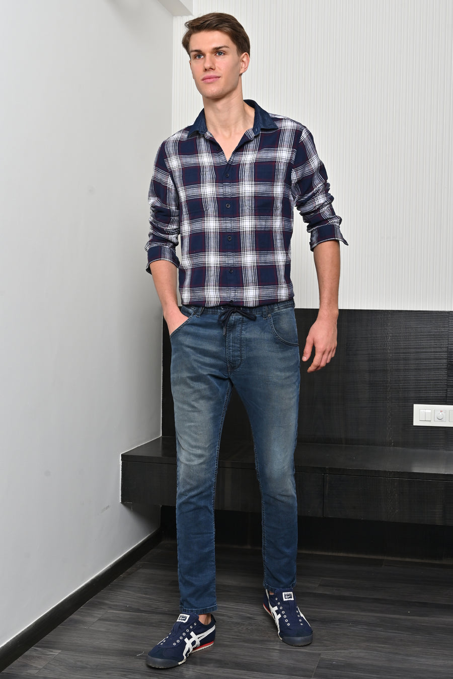 Onlive - Brushed Check Shirt With Denim Collar - Navy