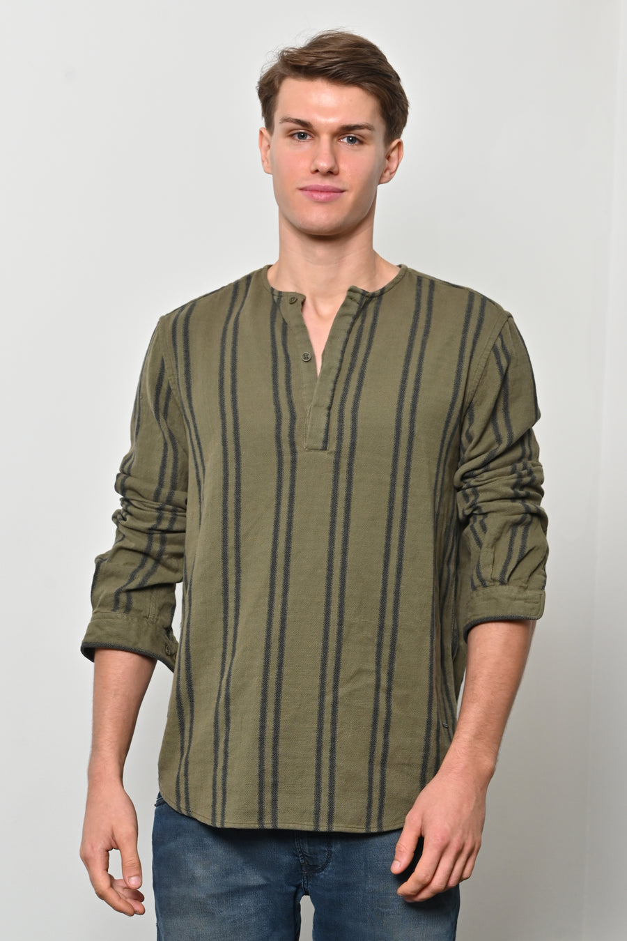 Edge - Cotton Striped Kurta Shirt - Green