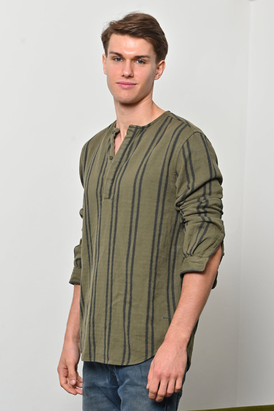 Edge - Cotton Striped Kurta Shirt - Green