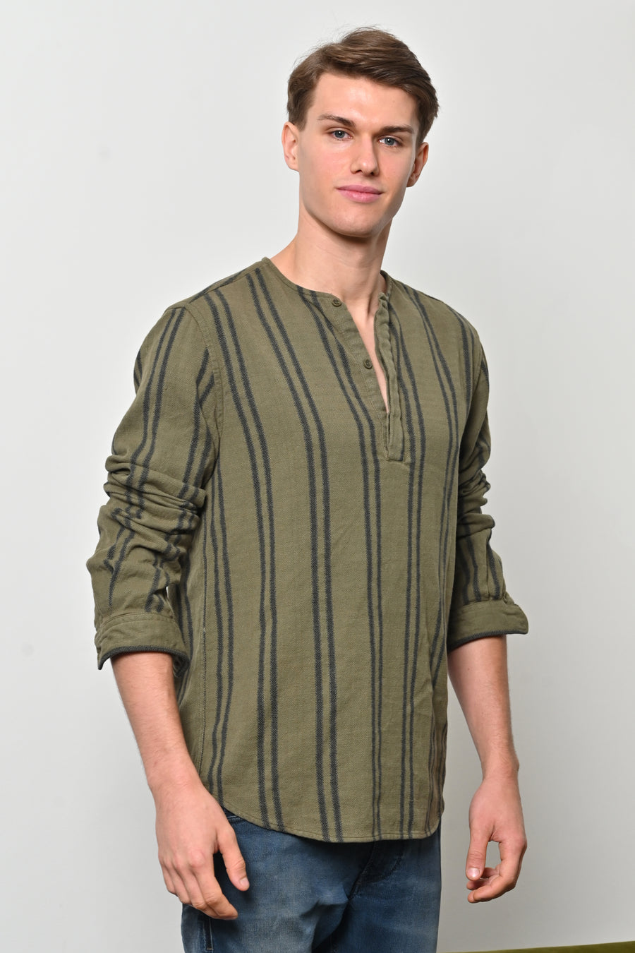 Edge - Cotton Striped Kurta Shirt - Green