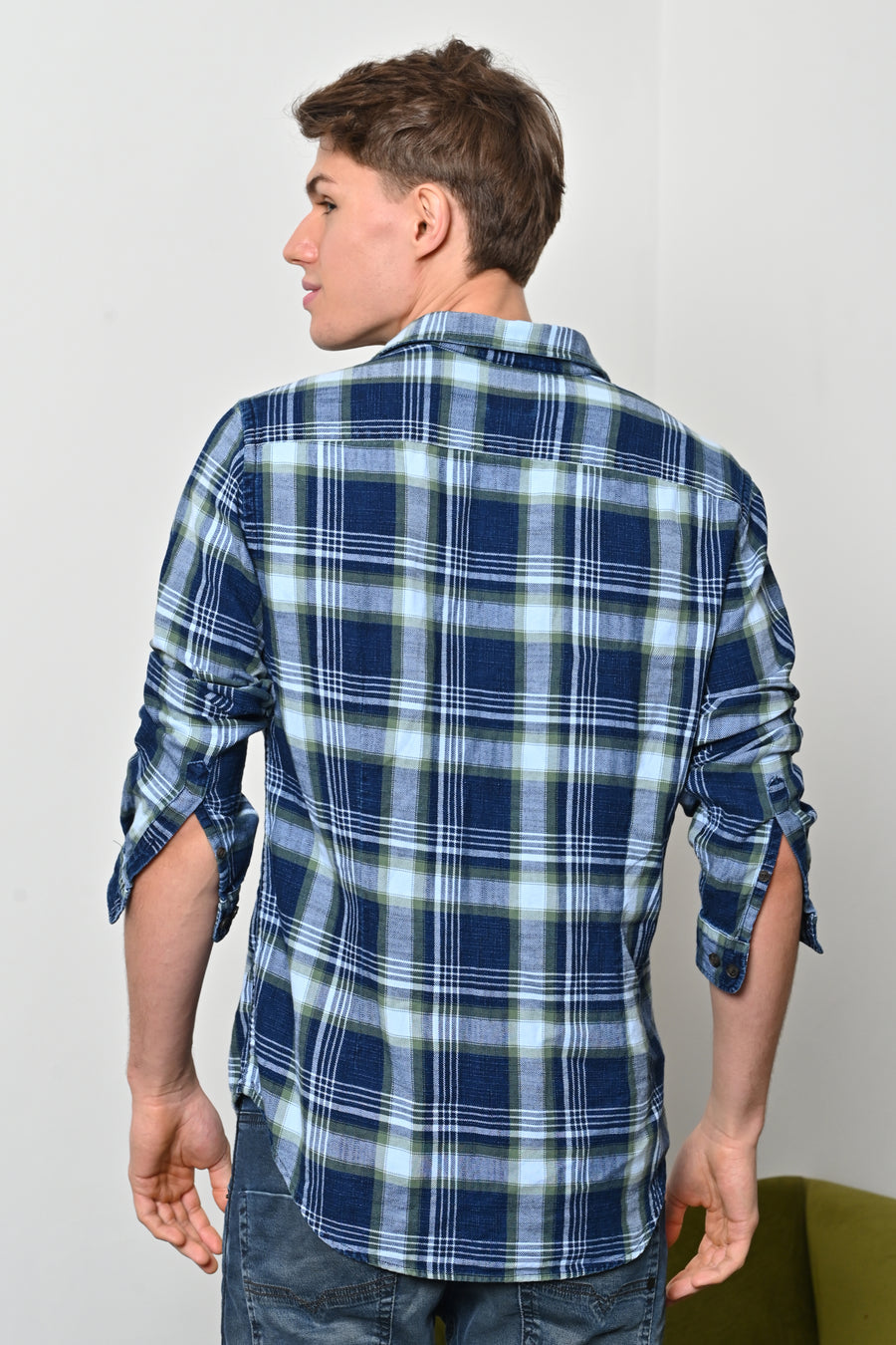 Yannick - Indigo Cotton Check Shirt - Green