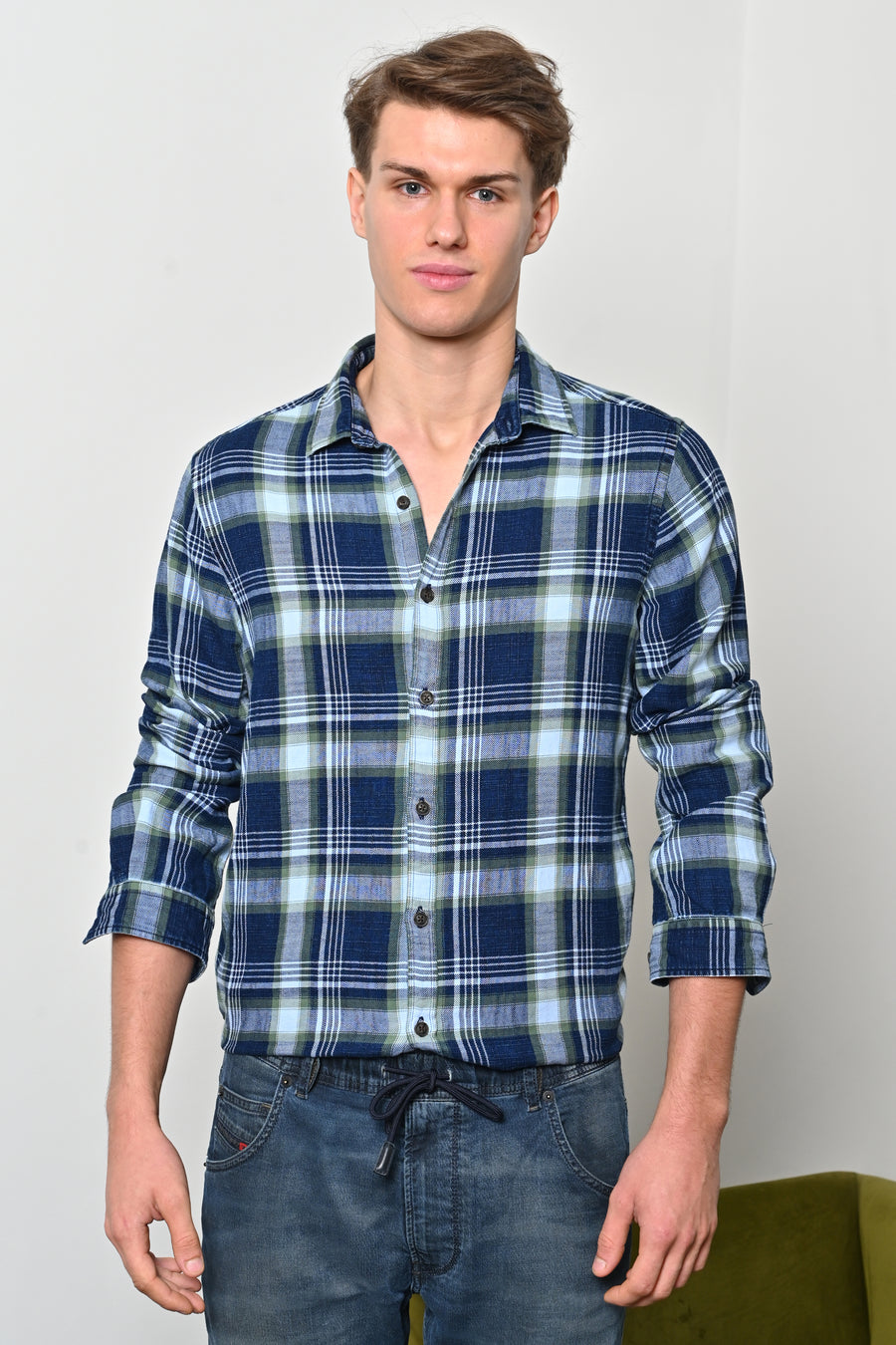 Yannick - Indigo Cotton Check Shirt - Green