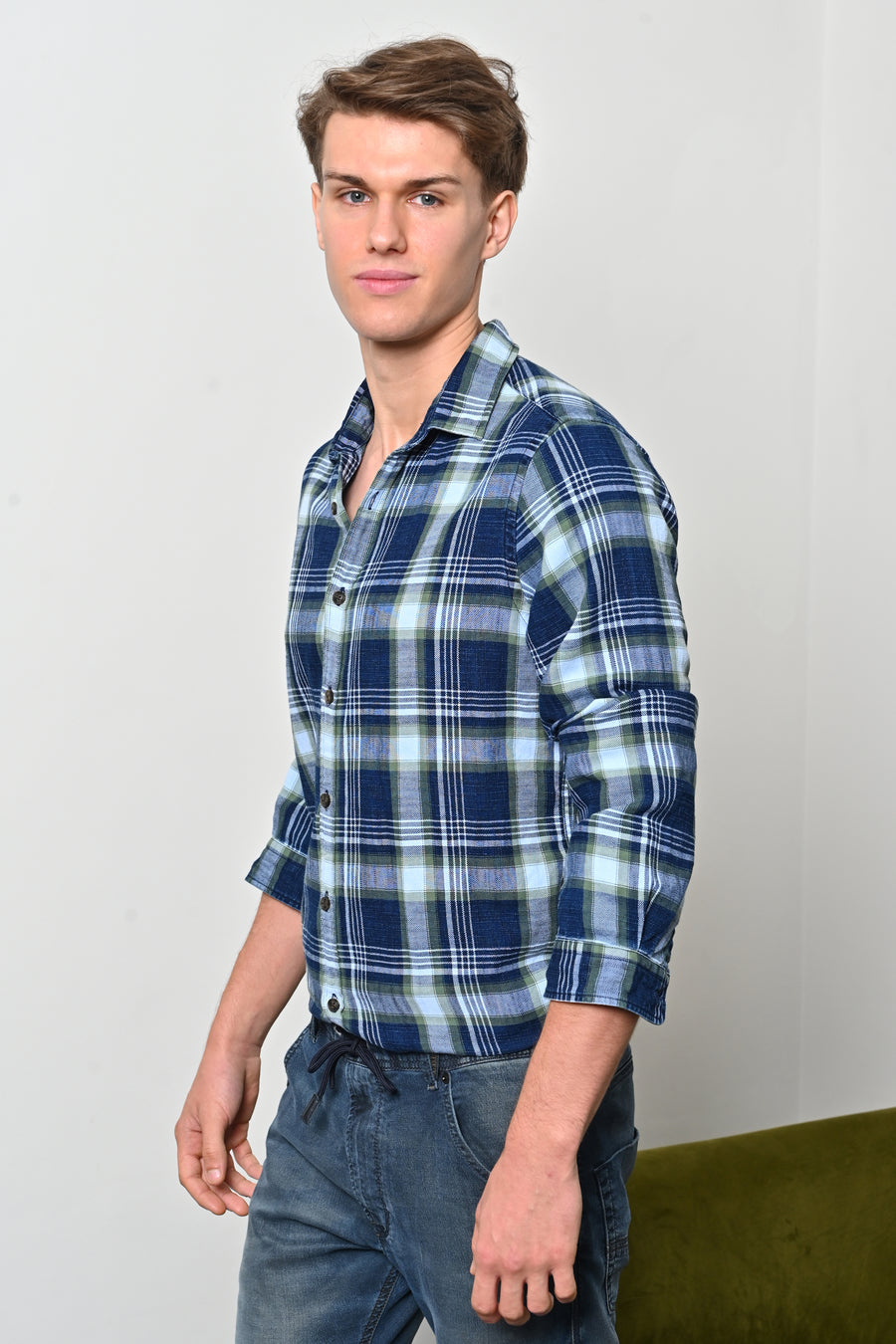 Yannick - Indigo Cotton Check Shirt - Green