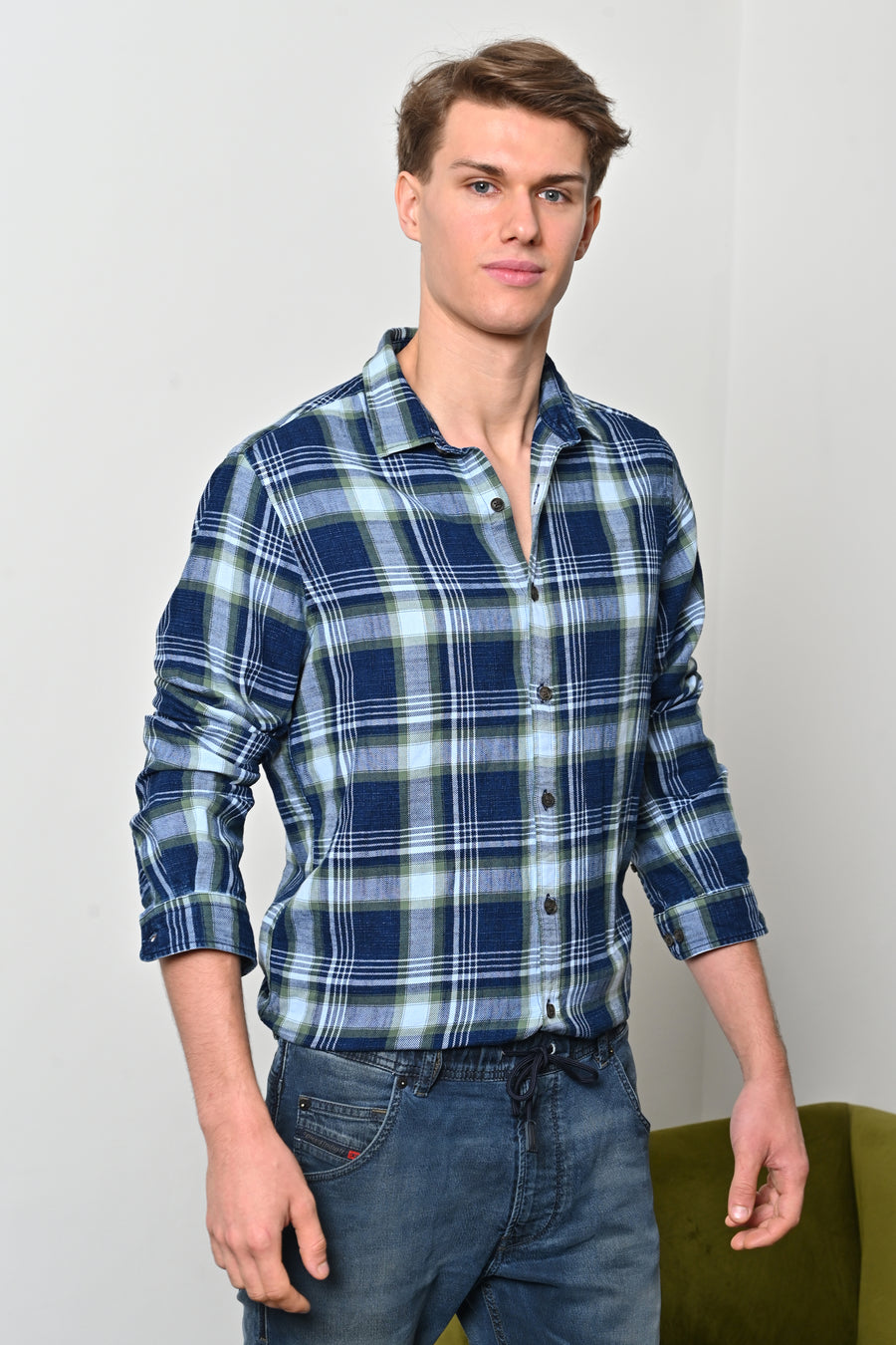 Yannick - Indigo Cotton Check Shirt - Green