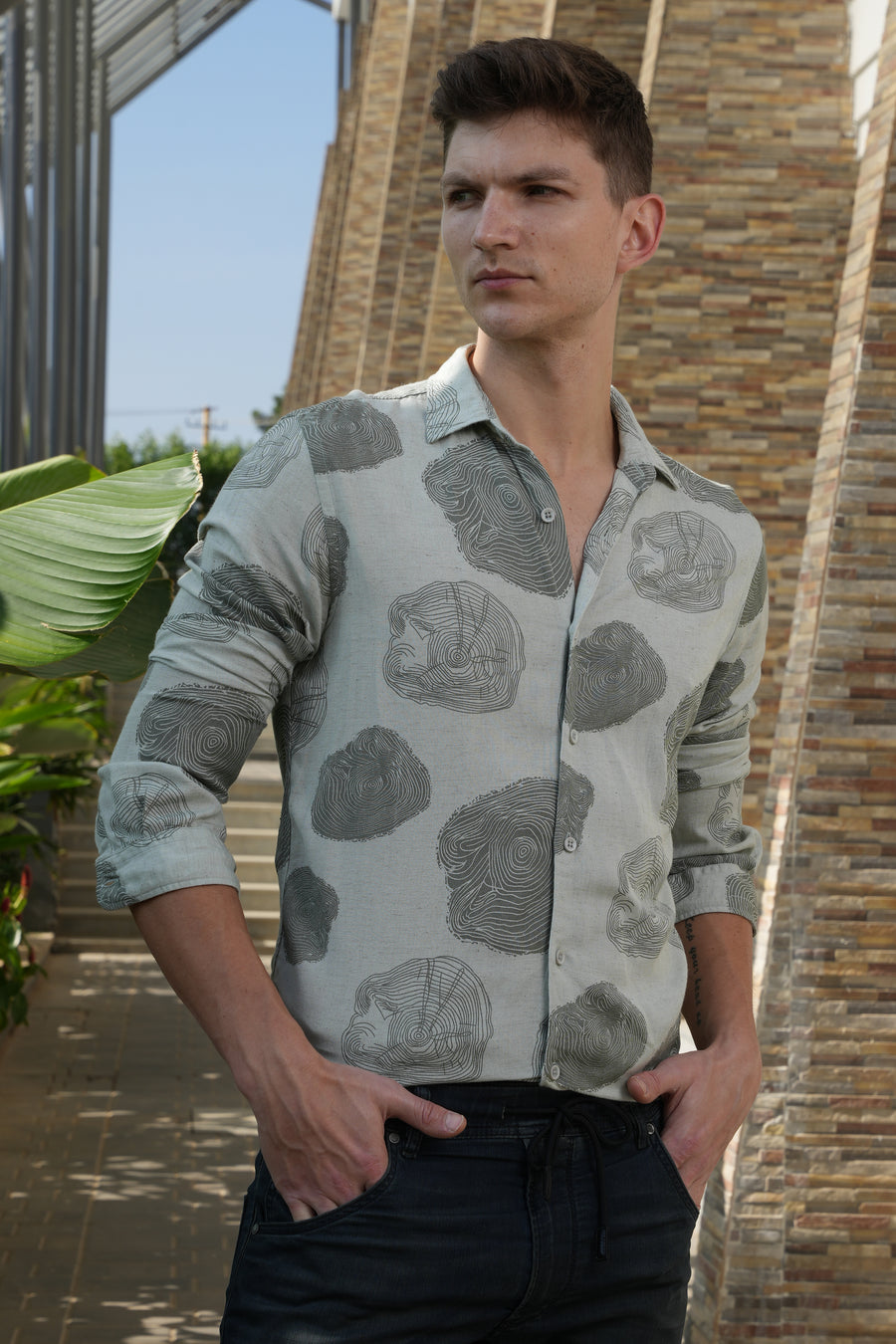 Slice - Cotton Linen Natural Print Shirt - Pista