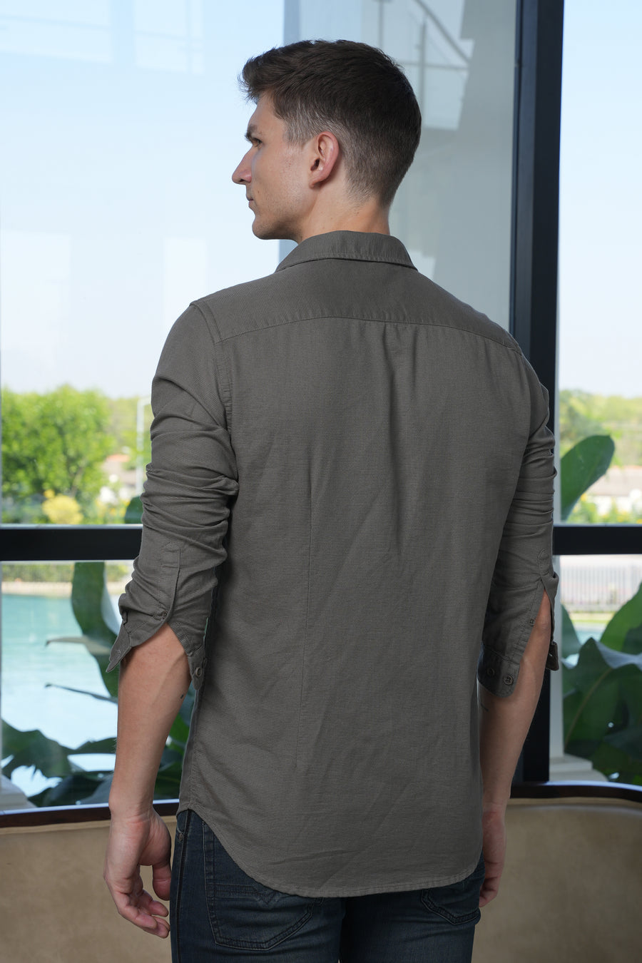 Posten - Dobby Solid Shirt - Dk grey