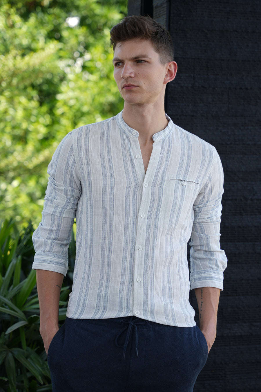 Caly - Mao Collar Striped Shirt - Grey