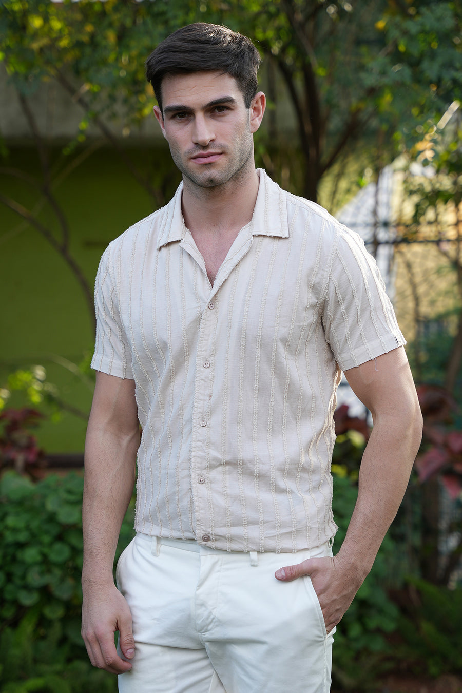 Race - Embroidered Striped Shirt - Beige