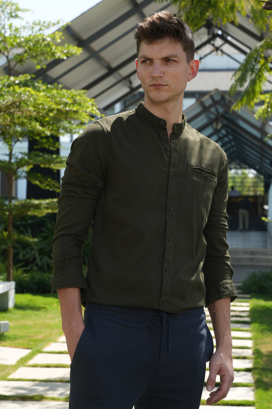 April - Textured Plain Shirt - Olive