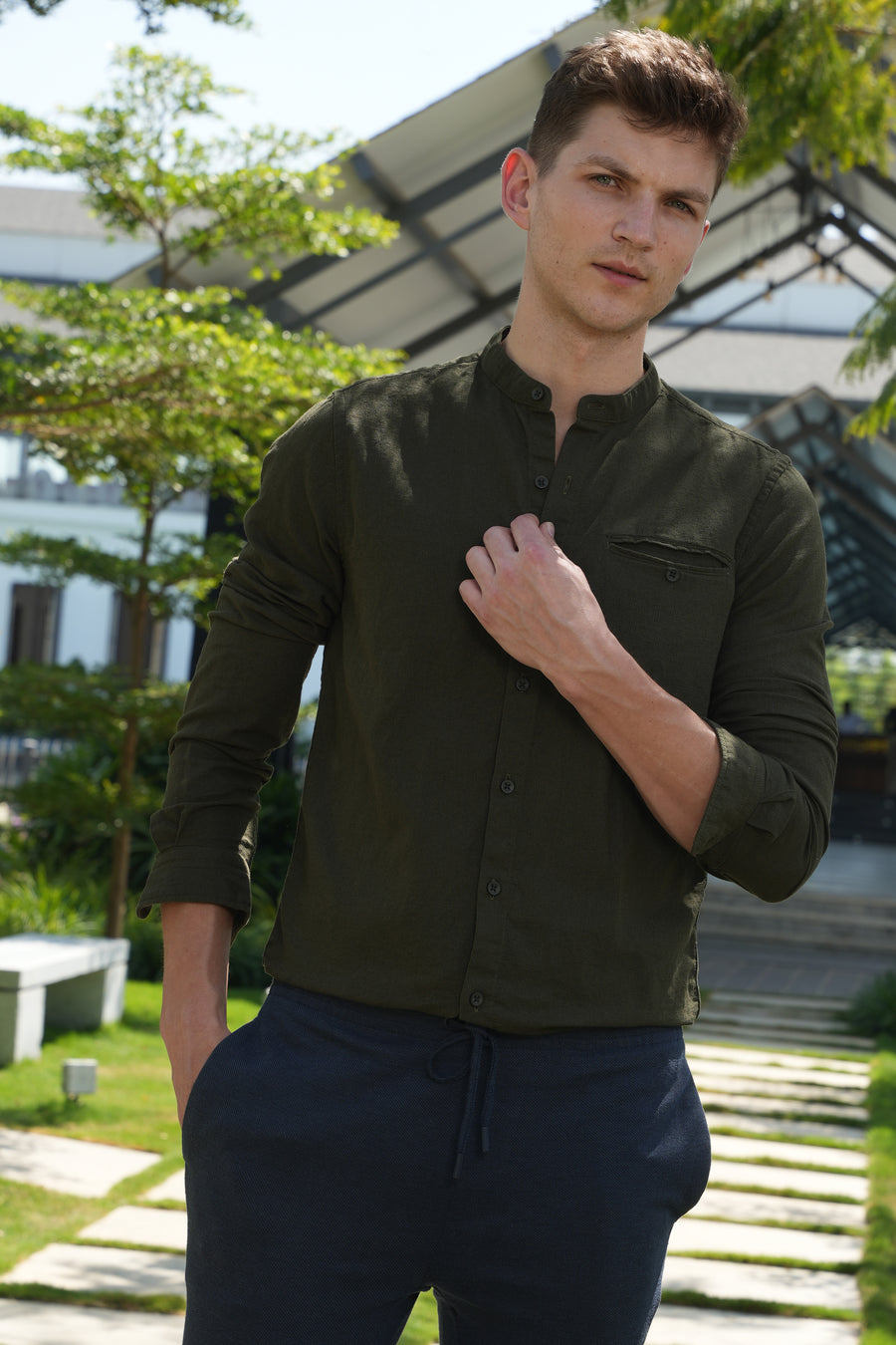 April - Textured Plain Shirt - Olive