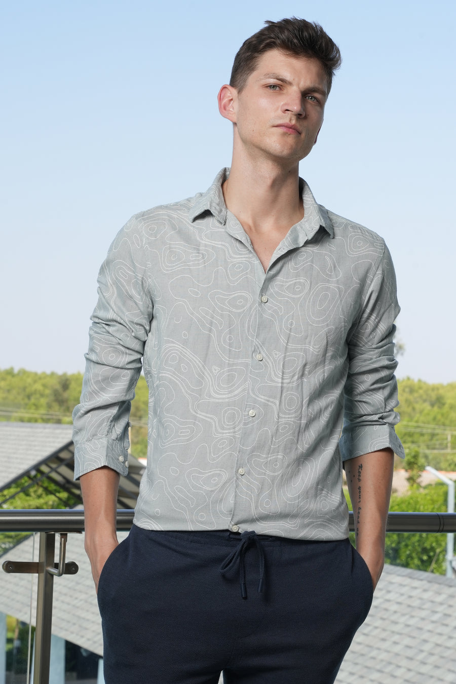 Evian - Viscose Linen Printed Shirt - Grey