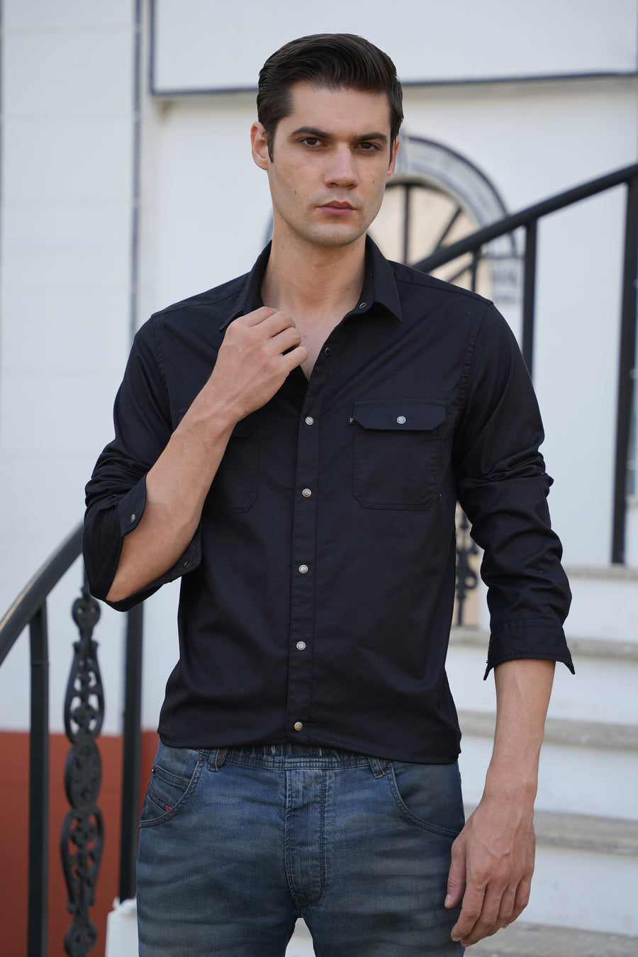 June - Pocketed Cotton Solid Shirt - Black