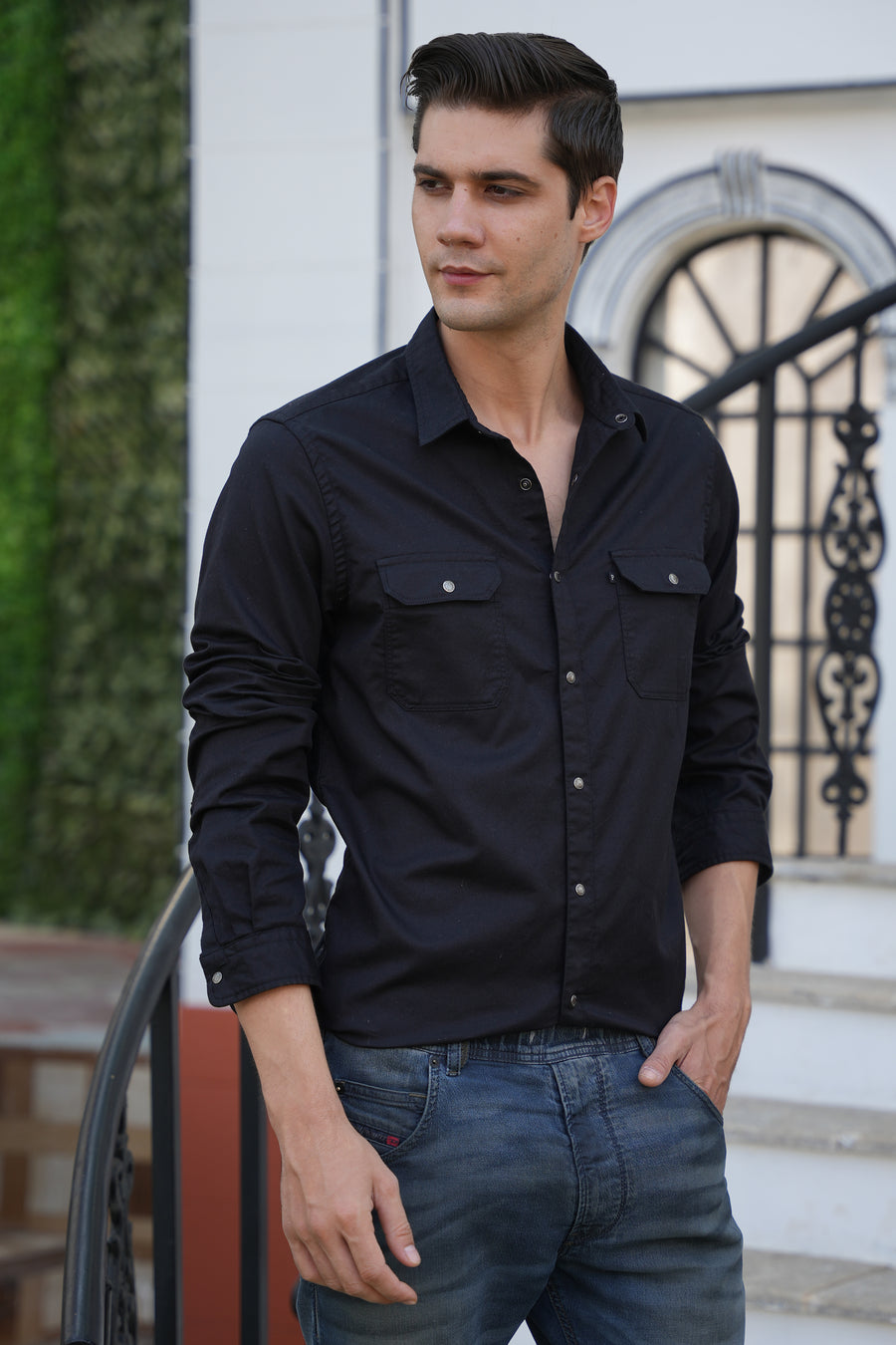 June - Pocketed Cotton Solid Shirt - Black