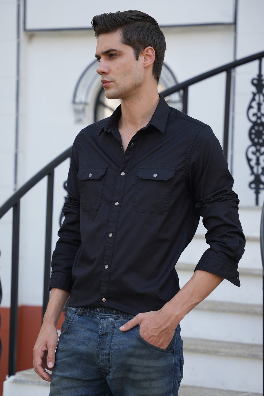 June - Pocketed Cotton Solid Shirt - Black