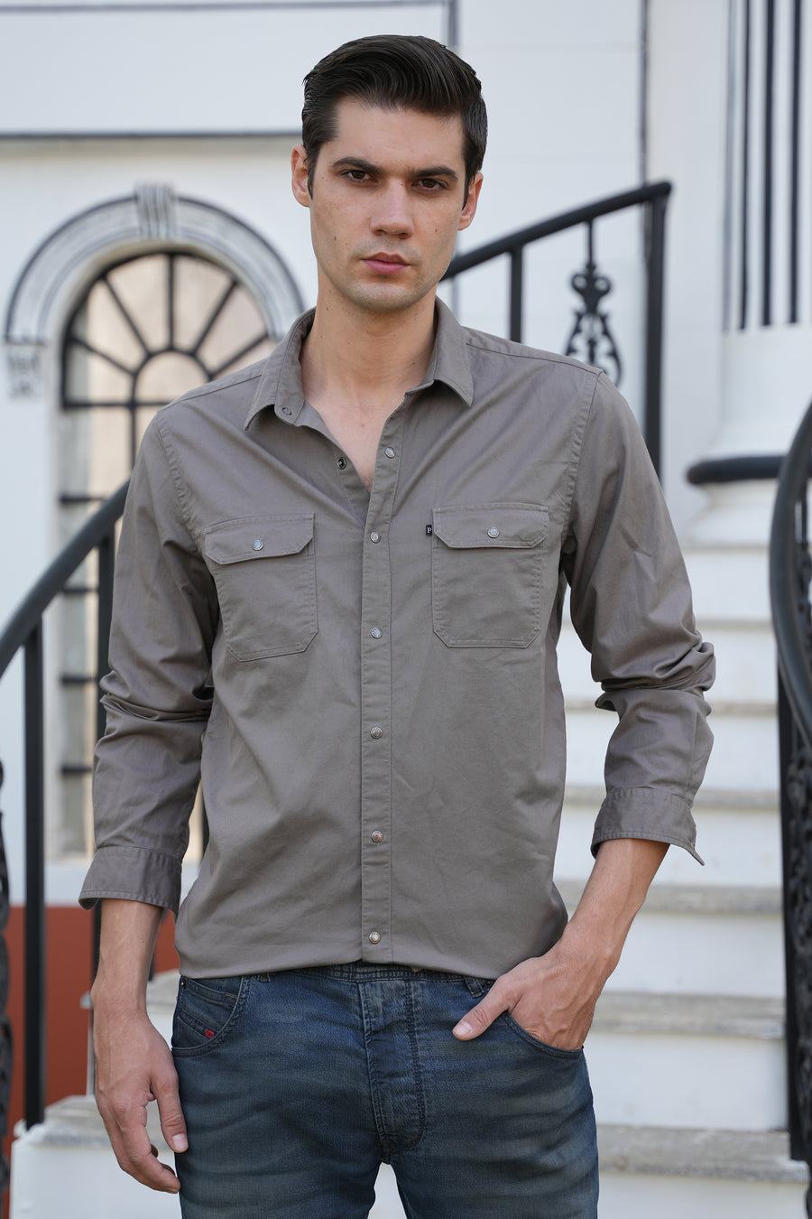 June - Pocketed Cotton Solid Shirt - Grey