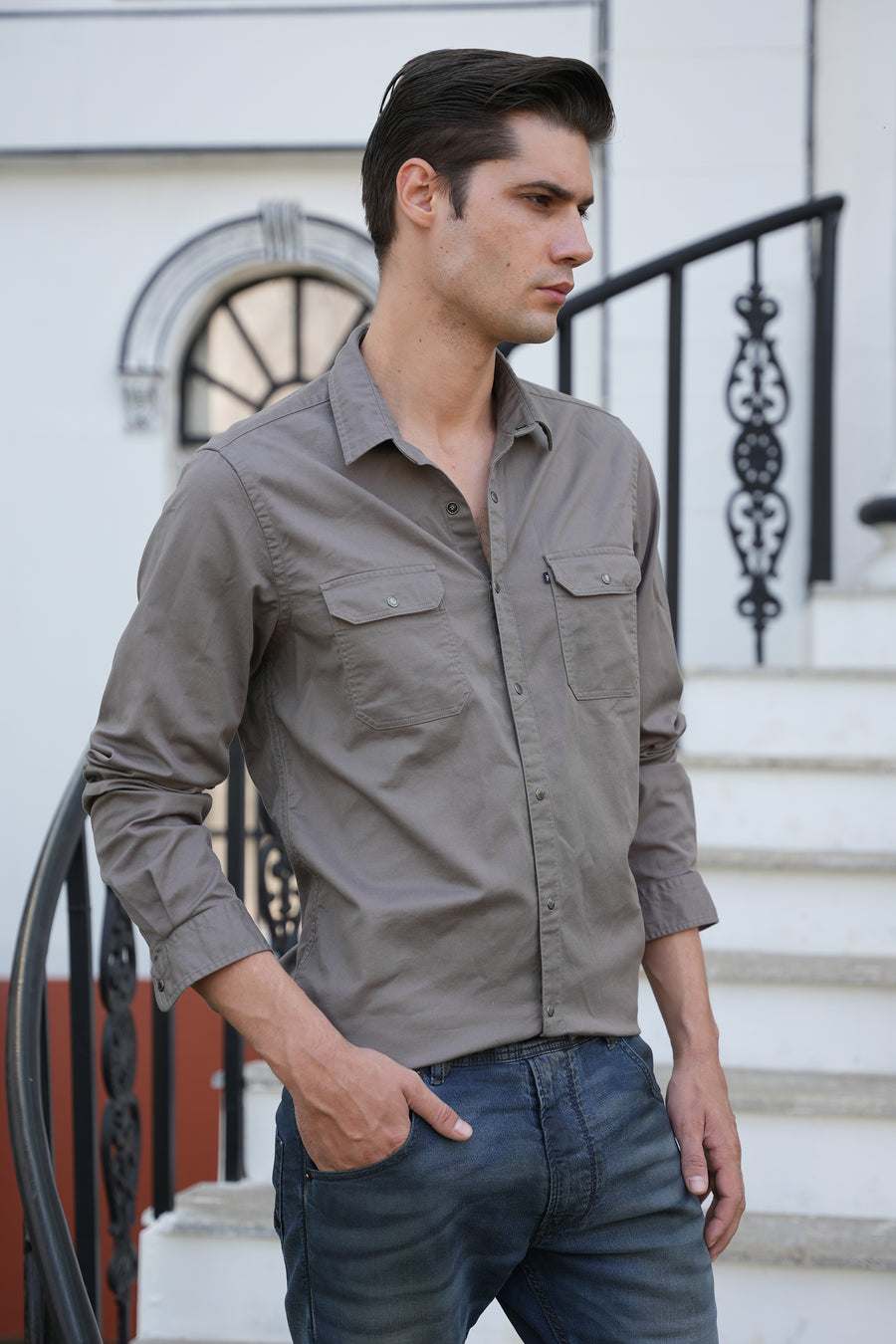 June - Pocketed Cotton Solid Shirt - Grey