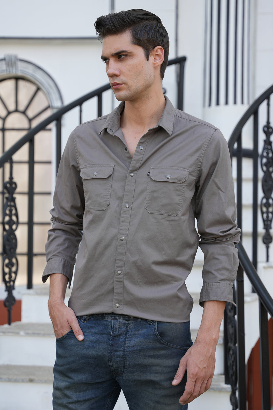 June - Pocketed Cotton Solid Shirt - Grey