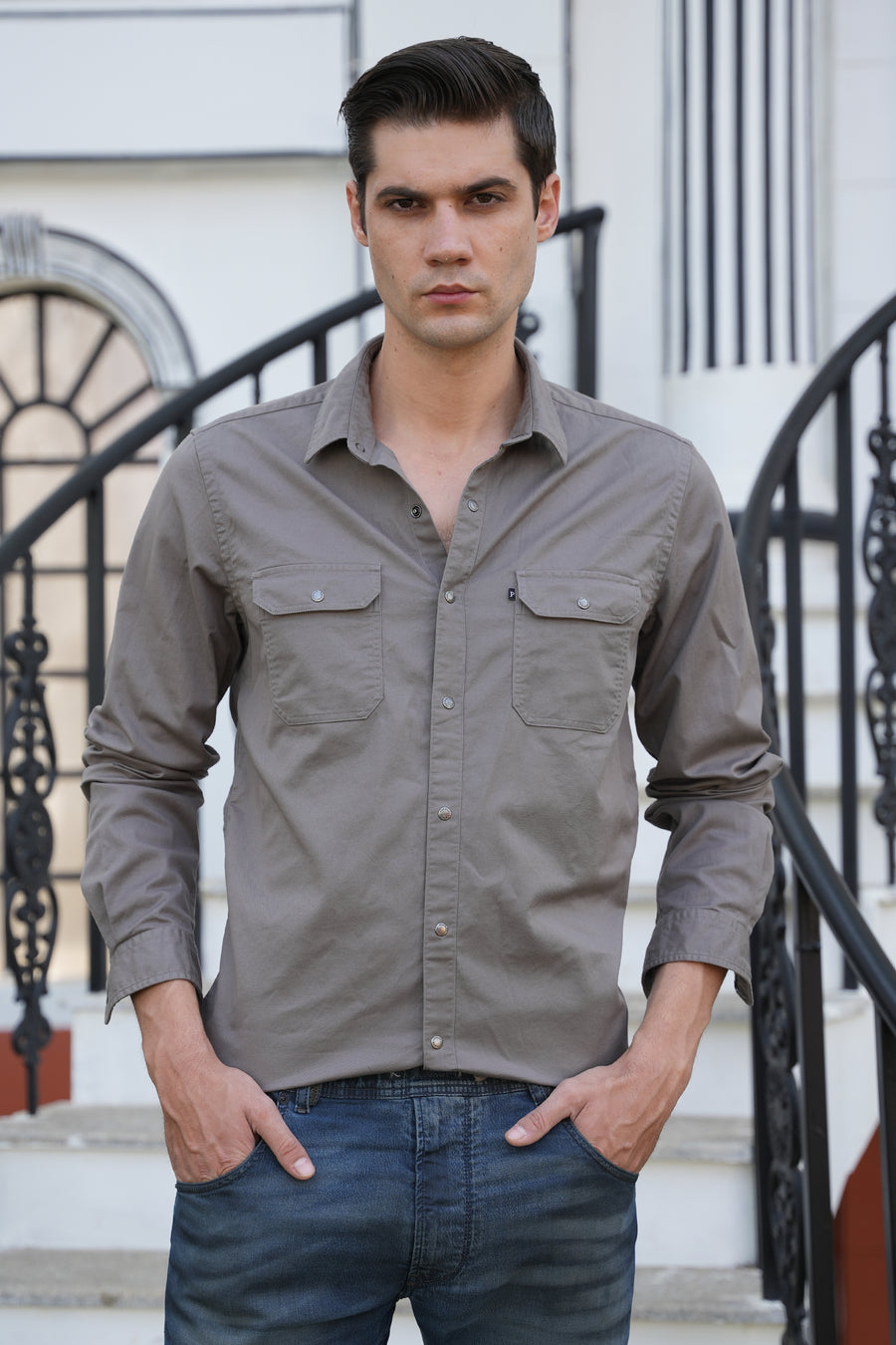 June - Pocketed Cotton Solid Shirt - Grey