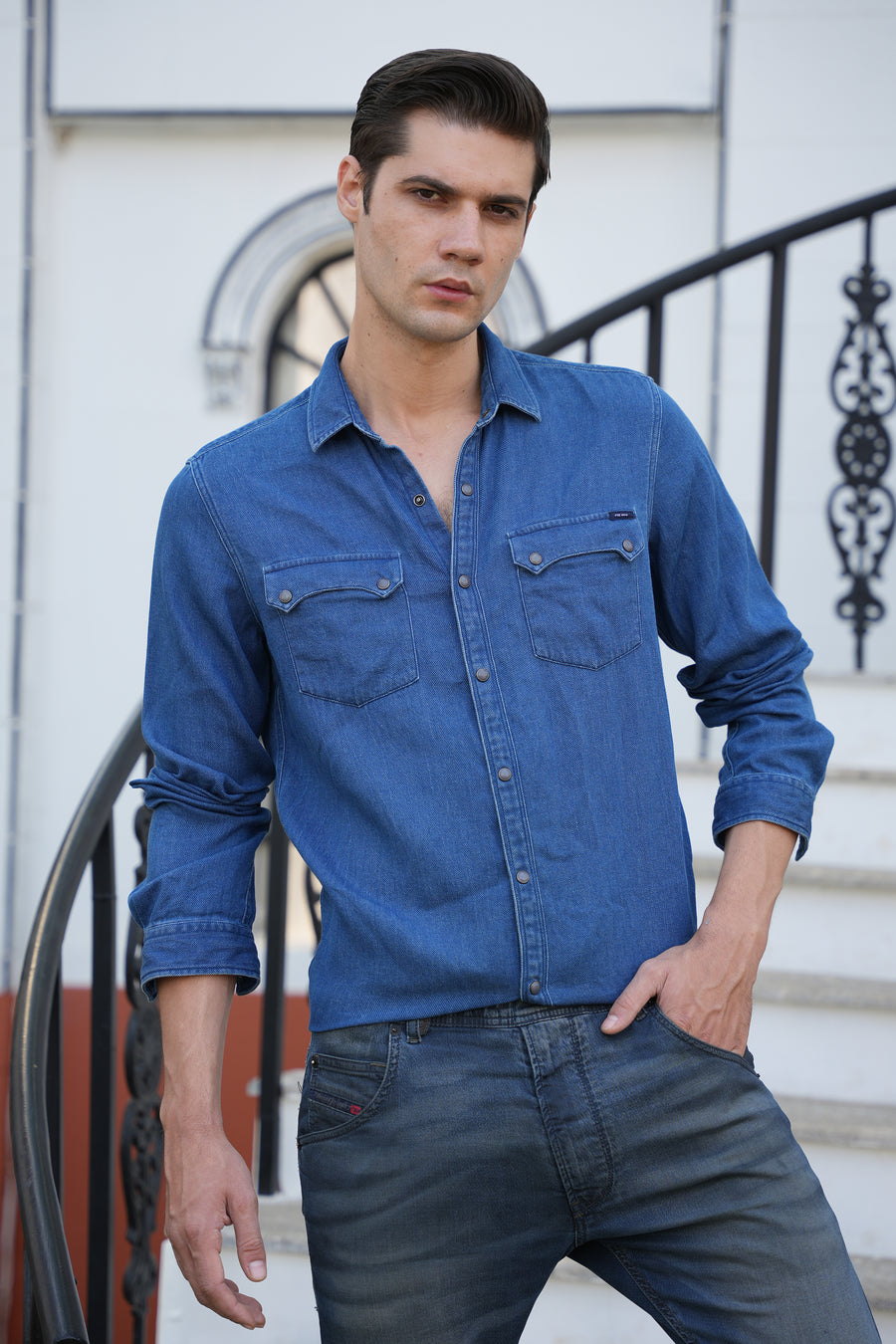 Jade - Indigo Dobby Pocketed Shirt - Blue