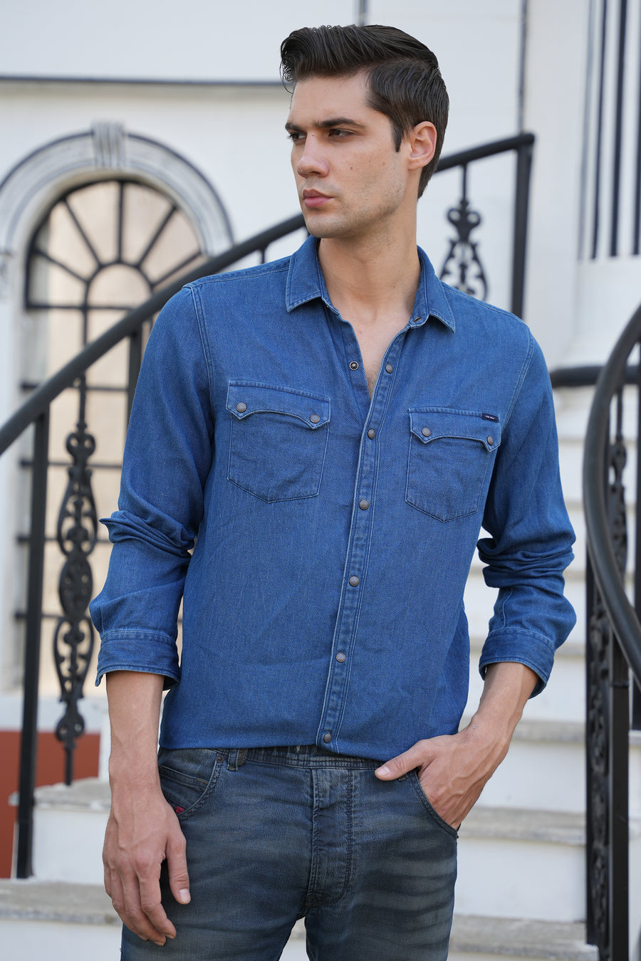 Jade - Indigo Dobby Pocketed Shirt - Blue