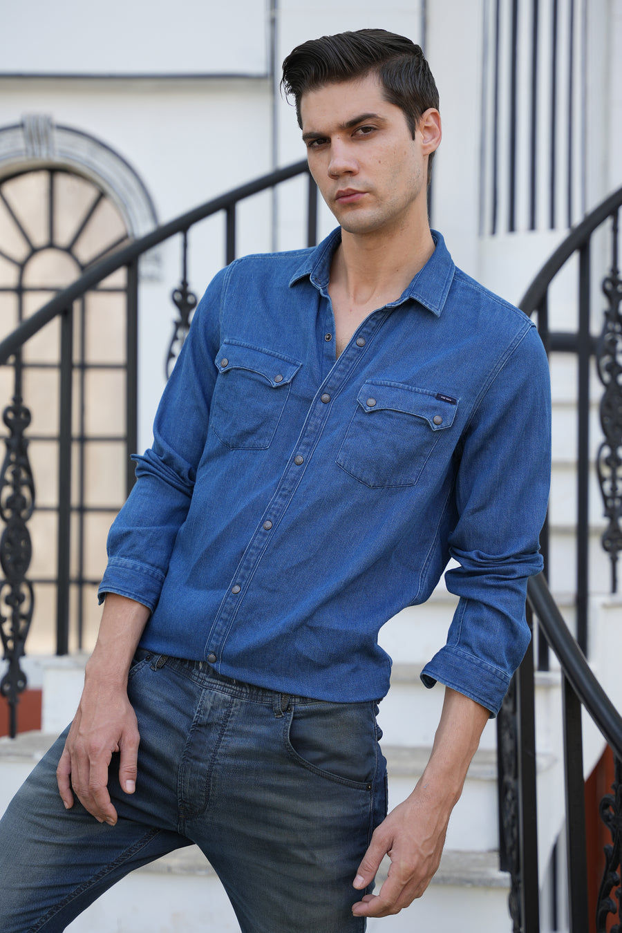 Jade - Indigo Dobby Pocketed Shirt - Blue