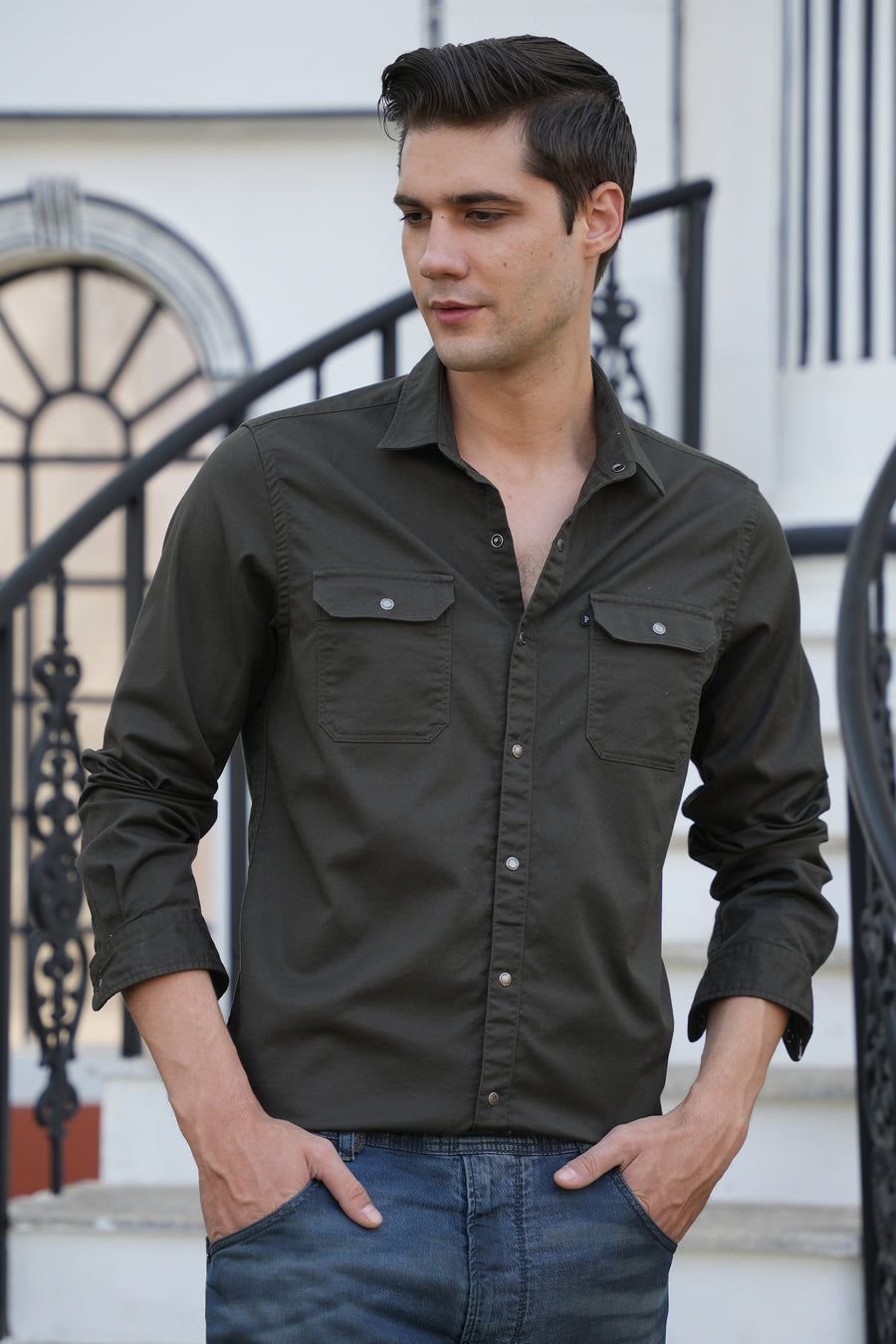 June - Pocketed Cotton Solid Shirt - Olive