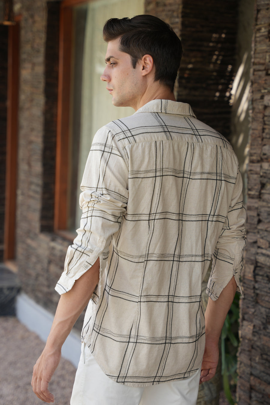 Unique - Linen Embroidered Check Shirt - Beige