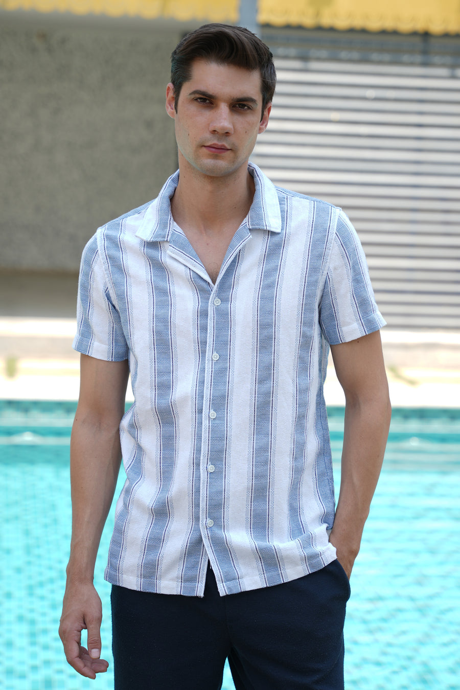 Cora - Textured Cotton Striped Shirt - Blue