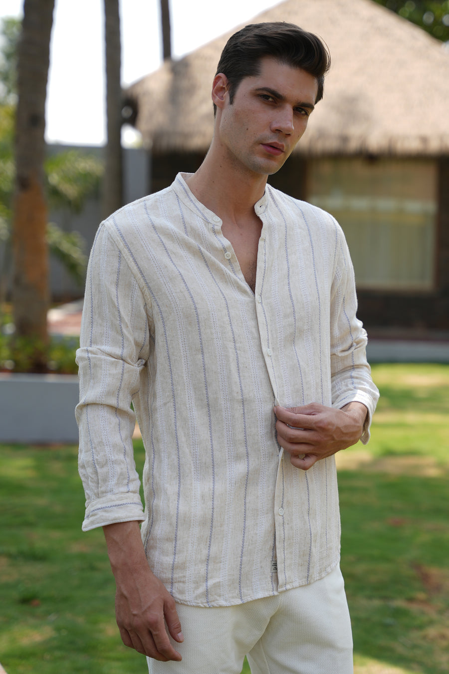 Panama - Cotton Viscose Striped Shirt - Beige