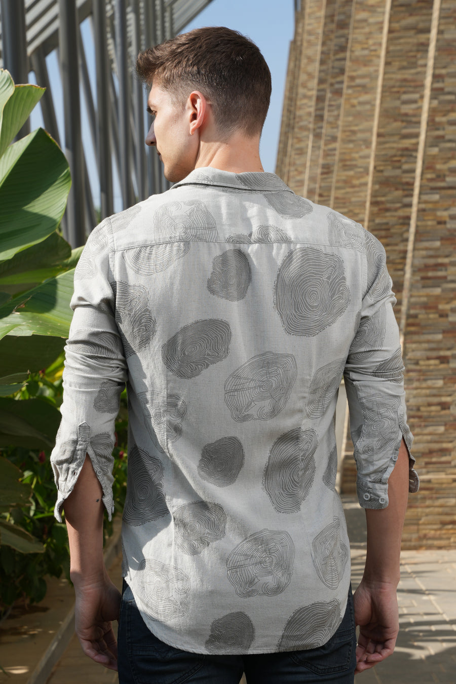 Slice - Cotton Linen Natural Print Shirt - Grey