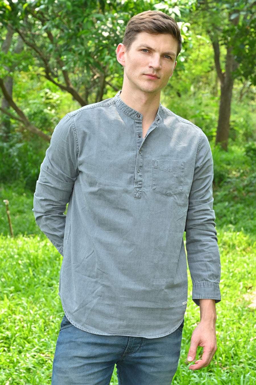 Amour - Denim Kurta Shirt - Lt Grey