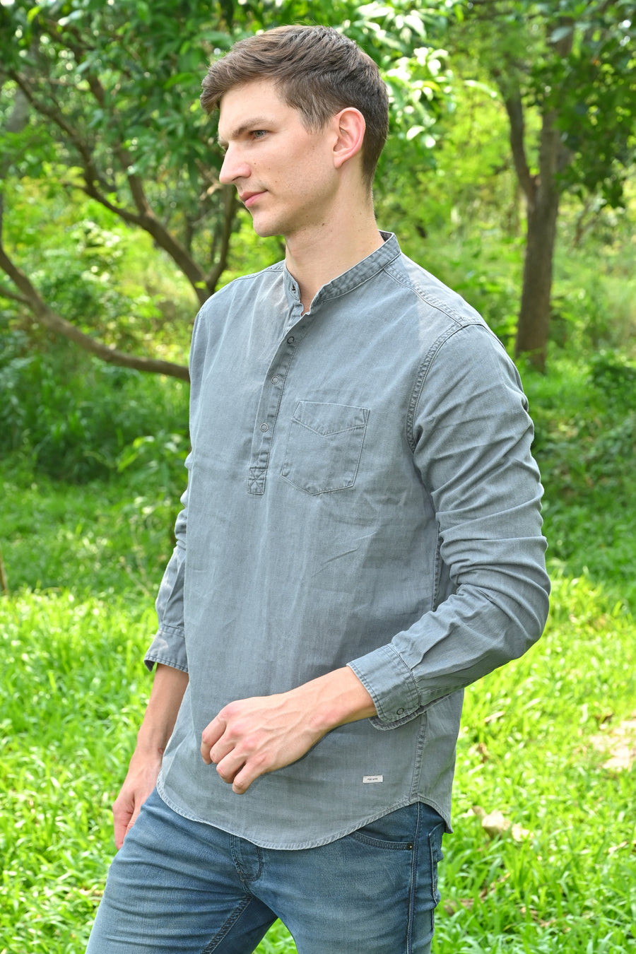 Amour - Denim Kurta Shirt - Lt Grey