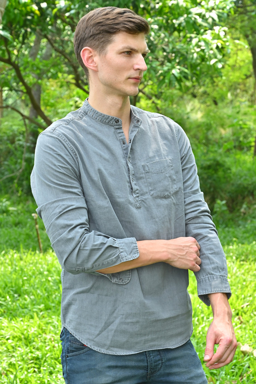 Amour - Denim Kurta Shirt - Lt Grey