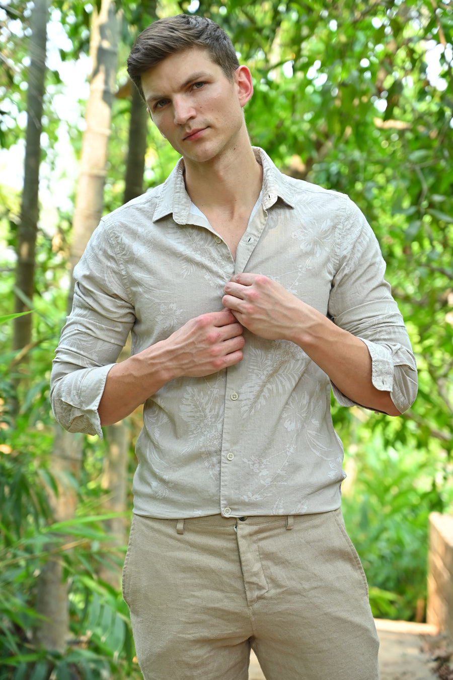 Archie - Cotton Linen Printed Shirt - Beige