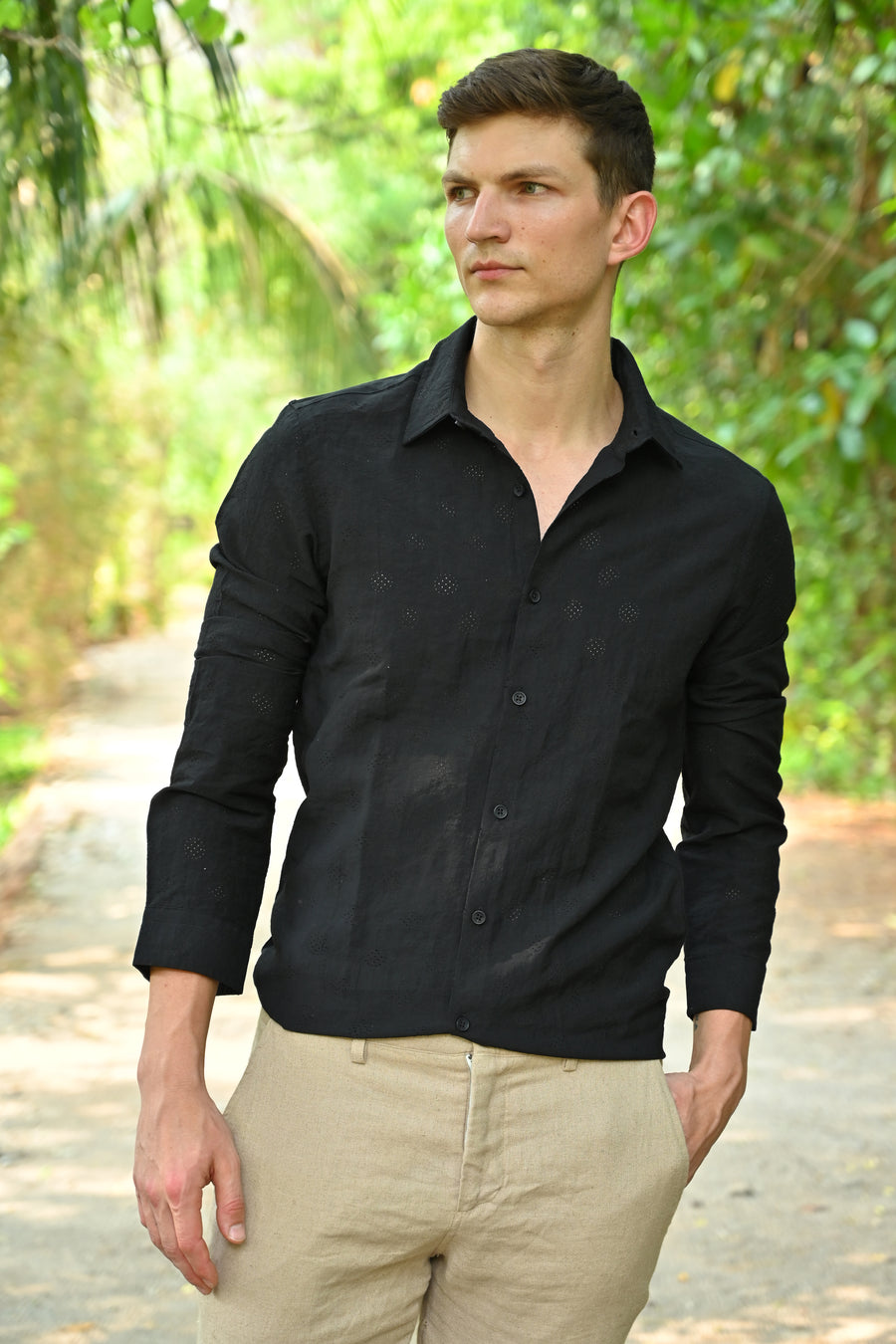 Ashly - Cotton Blend Crotchet Shirt - Black