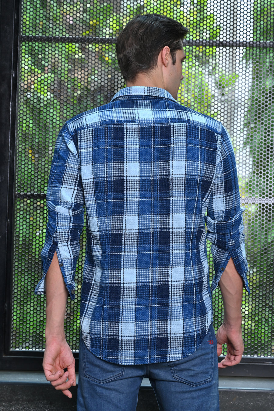 Sven - Waffle Dobby Indigo Check Shirt - Navy