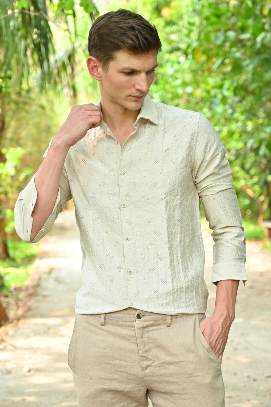 Ashly - Cotton Blend Crotchet Shirt - Beige